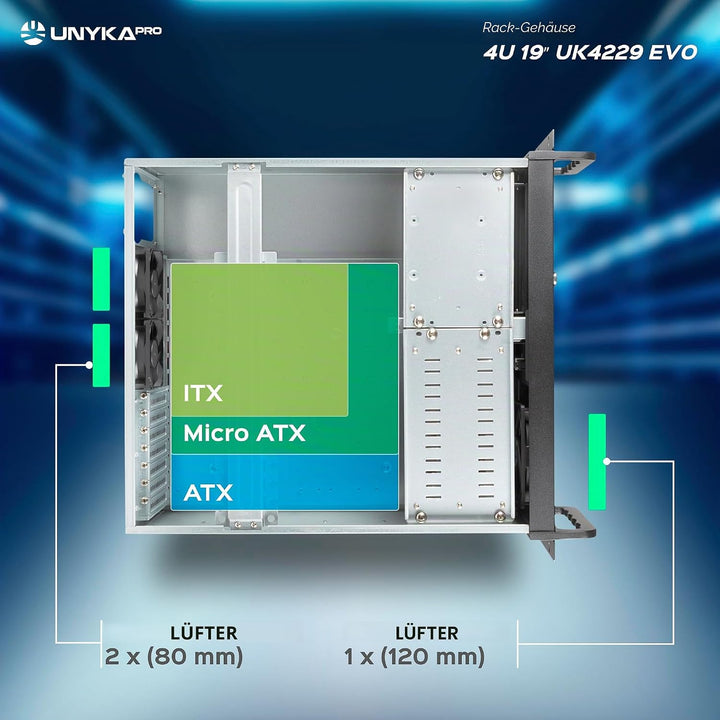 Unykach UK4229 EVO Rack-Gehäuse, Tiefe 480 mm, 2 USB3.0, 1 x 120 mm Lüfter und 2 x 80 mm Lüfter, Sch