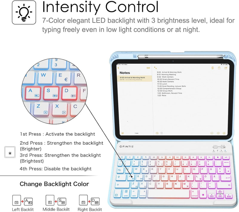 Fintie Tastatur Hülle für iPad 10. Generation 2022 (10.9 Zoll), Keyboard Case mit 7-farbig Beleuchte