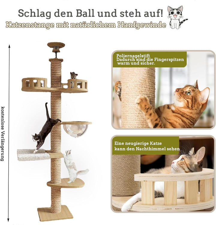 Kratzbaum deckenspanner,Raumkapsel,Katzenhängematte, Vollständig mit Sisalseil umwickelt,Breite von