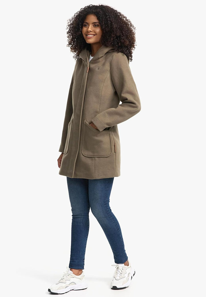MARIKOO Damen Mantel in Wolloptik Warmer Trenchcoat mit Kapuze Maikoo XS-5XL L Stone Brown, L Stone