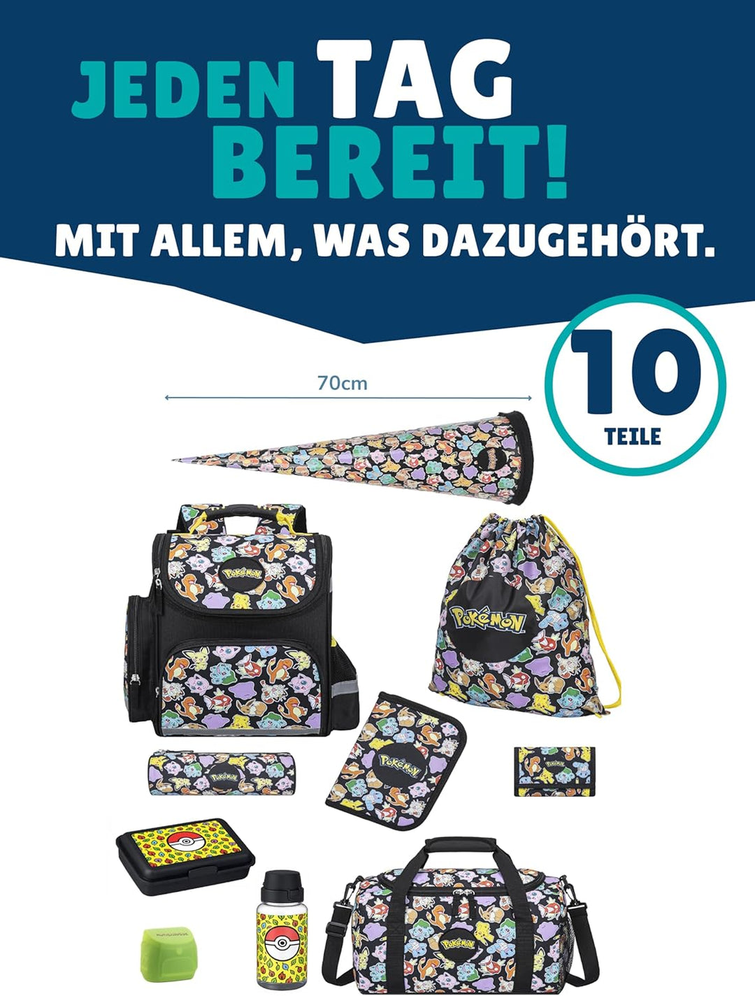 Familando - Schulranzen Set - 10-teilig mit Schultüte - Pokémon (Pikachu Motiv) - Ergonomisch, stabi