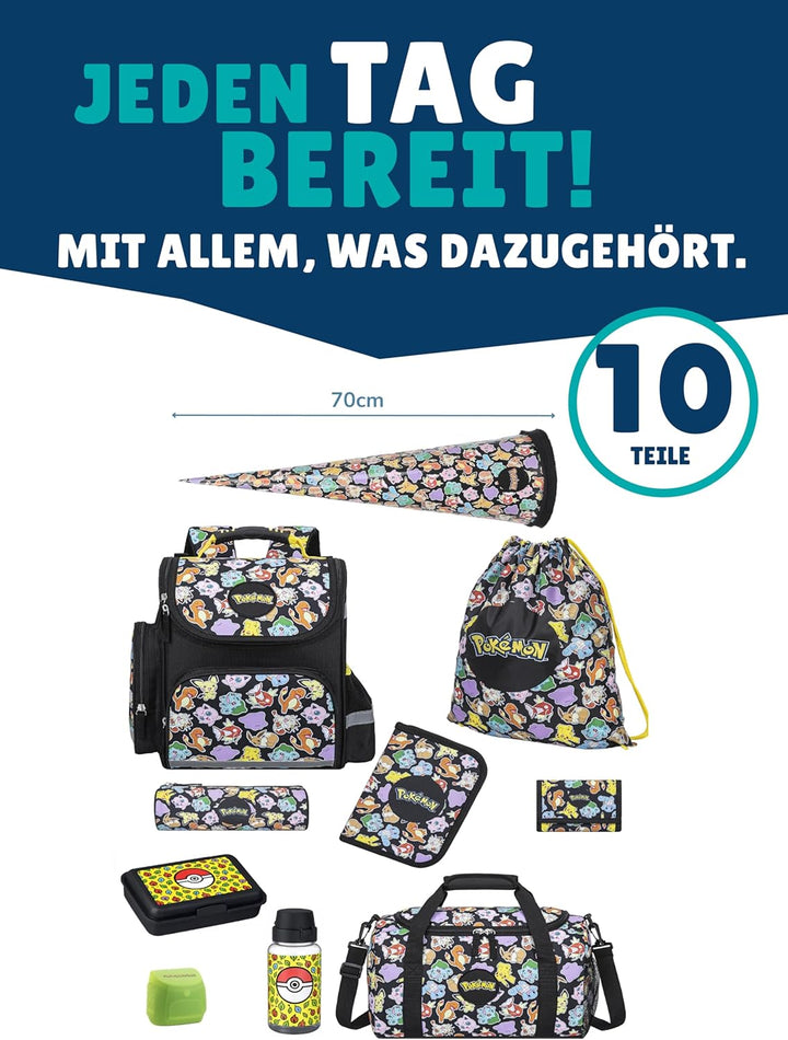 Familando - Schulranzen Set - 10-teilig mit Schultüte - Pokémon (Pikachu Motiv) - Ergonomisch, stabi