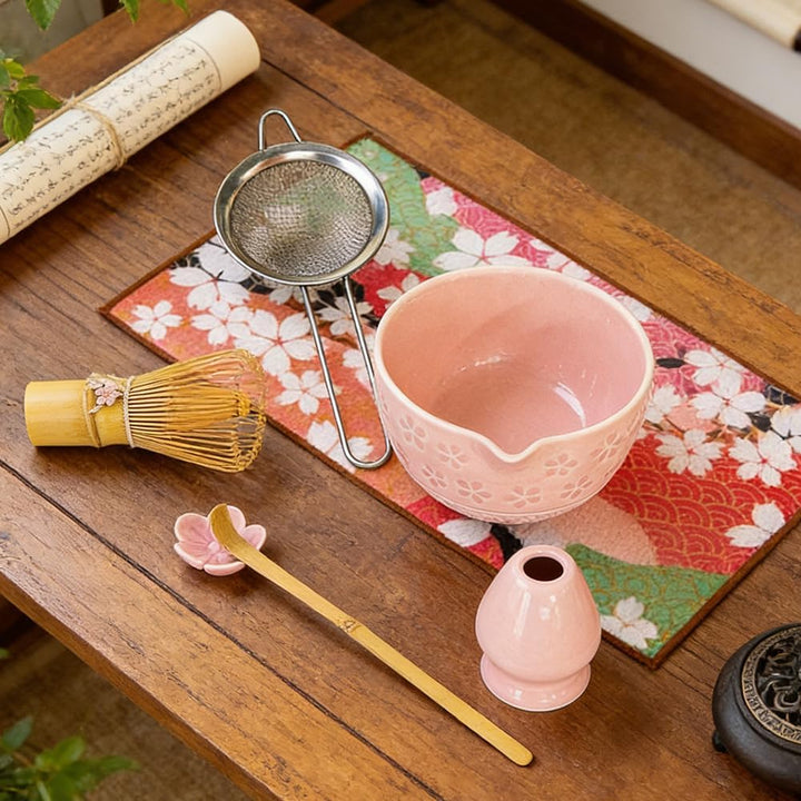 Matcha Set mit Matcha Besen Schale Zubehör 7 Teilig für Anfänger Rosa, Rosa
