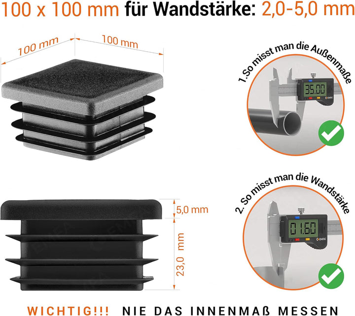 EMFA Lamellenstopfen für Vierkantrohr 100x100 mm Schwarz 1 Stück Rohrstopfen 100x100 Vierkantrohr Ku