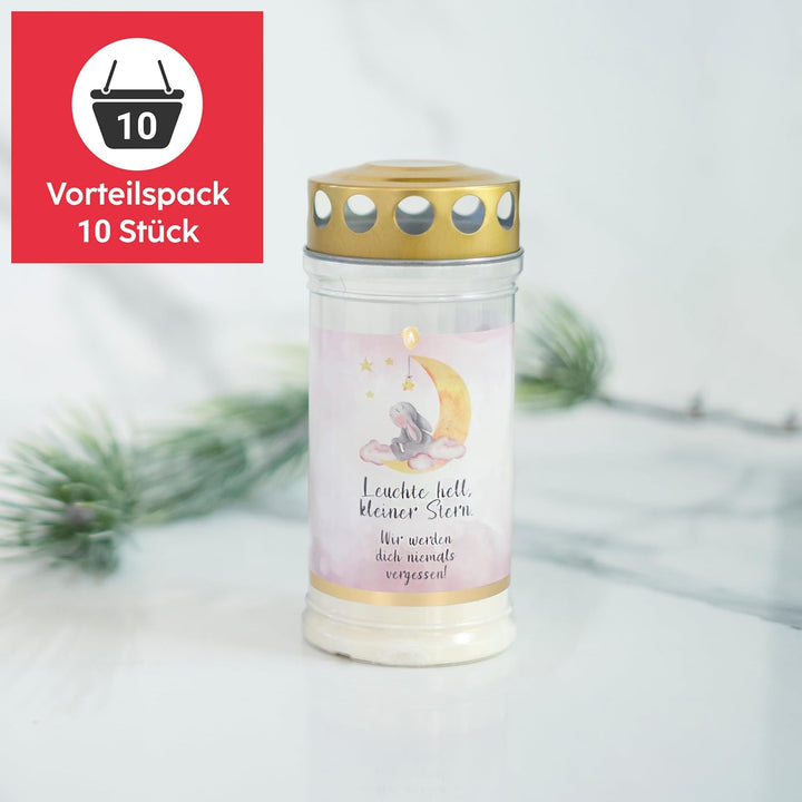 10er Set HOFER GRABKERZEN 4 Tage Brenndauer - Das Original [Sternenkind rosa] Trauerkerzen mit Decke