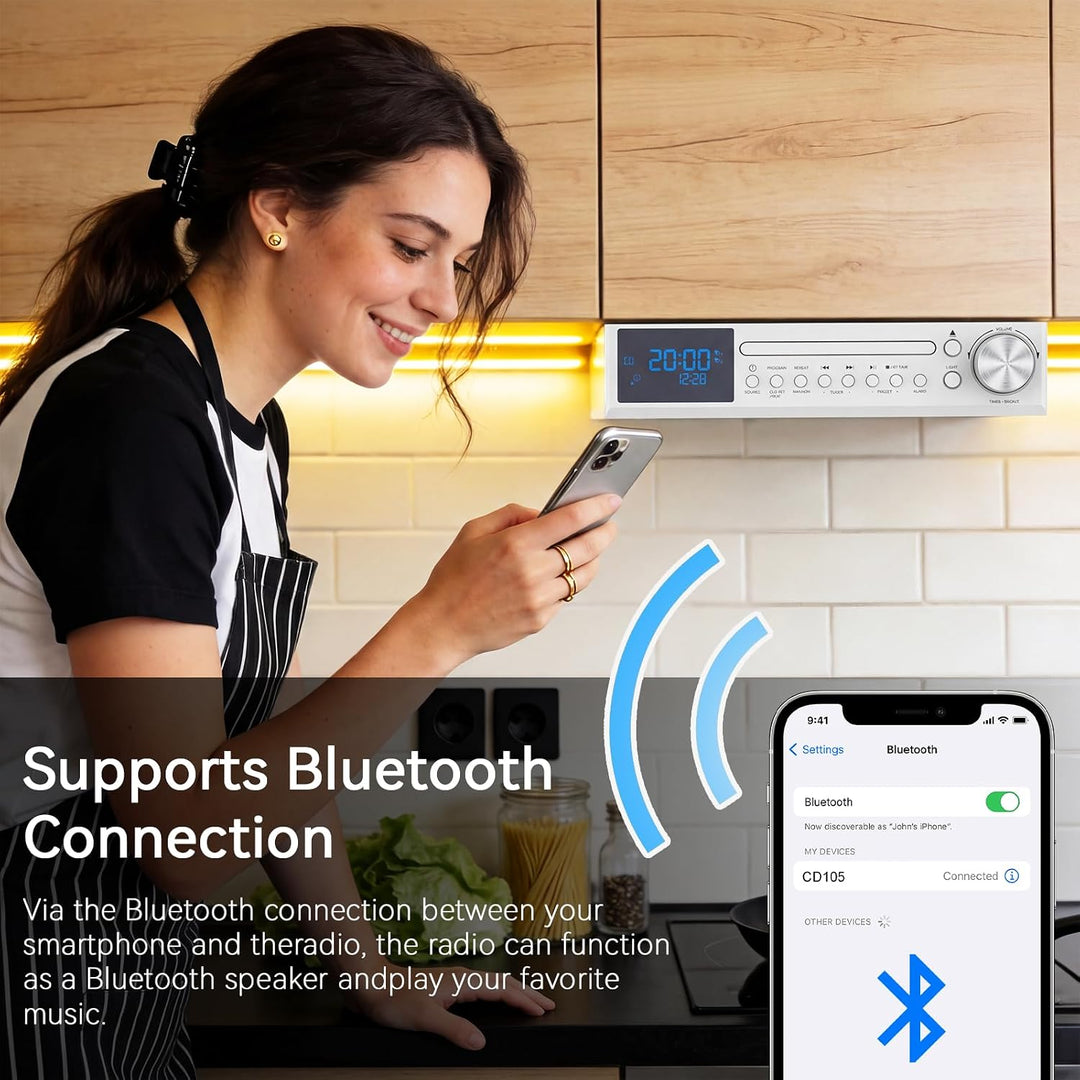 MONODEAL Bluetooth CD Player mit Radi,Küchenradio Unterbau mit Weckfunktion | Unterbauradio Küche mi