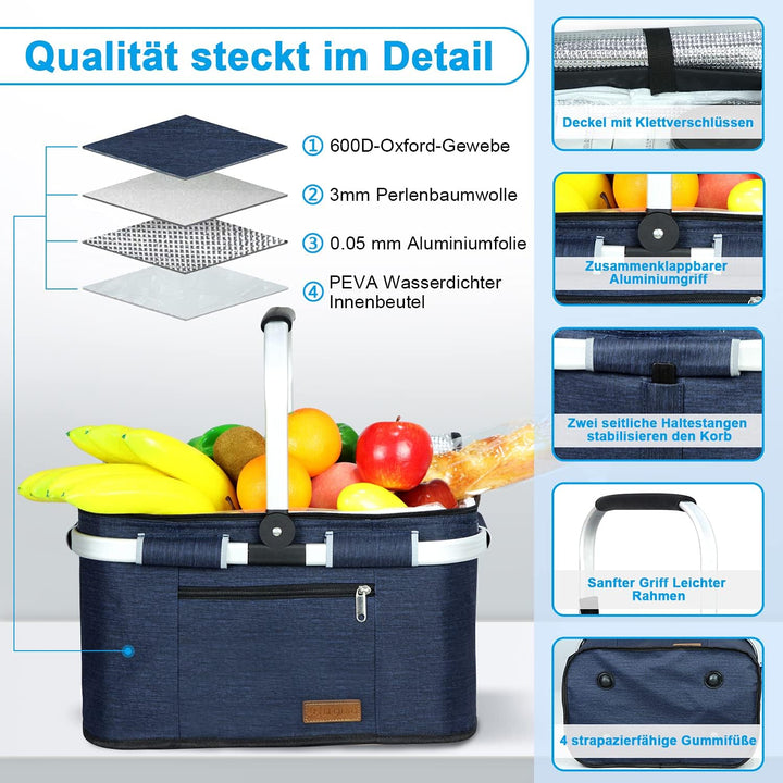 ABIUBIU 34L Kühltasche Einkaufskorb Picknickkorb Grosse isolierte Kühlkorb Lunchtasche Thermo Tasche