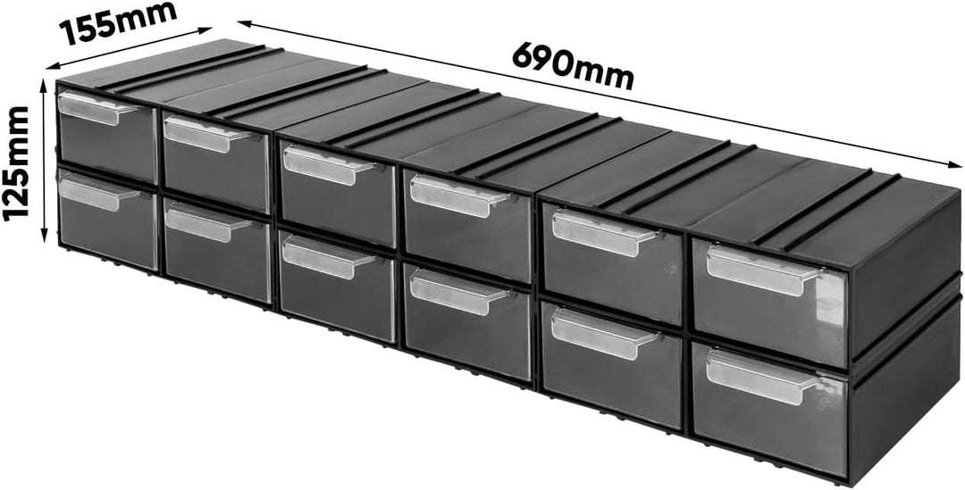 Aufbewahrungsbox mit Schubfächern Sortimentskasten - 12 Stück Transparent Schubladen - 690 x 155 x 1