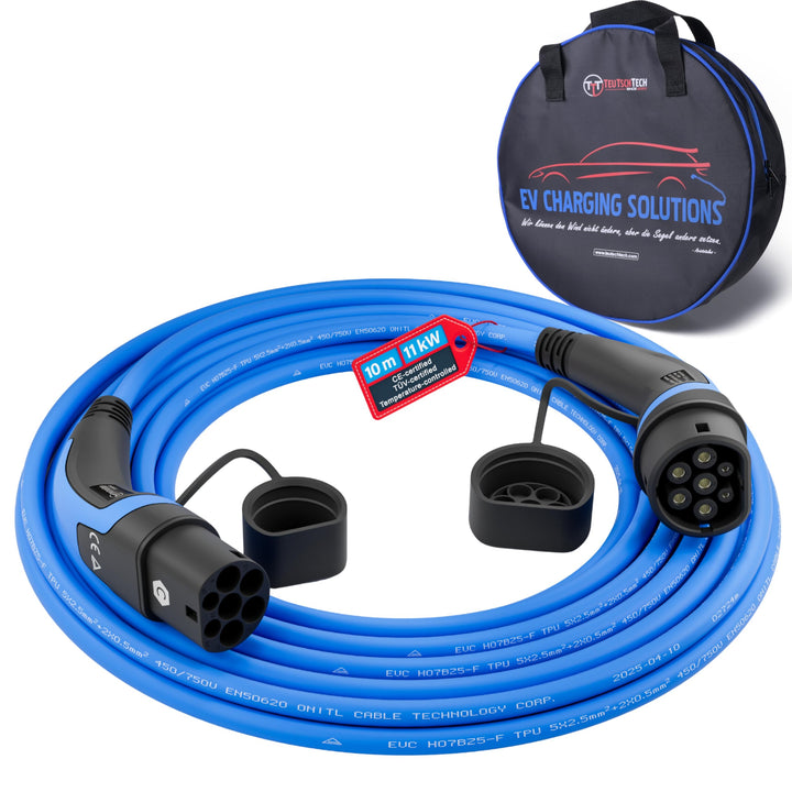 TEUTSCHTECH Typ 2 Ladekabel für Elektroauto | 10 m | Typ 2 auf Typ 2 | 11kW | 3x16A | 3-phasig | Mod