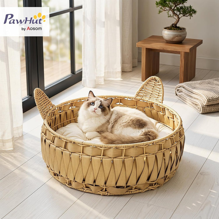 PawHut Katzenbett Katzenhöhle bis 10 kg 50 x 50 x 25 cm Hellbraun | Abnehmbares Kissen, Katzenkorb,