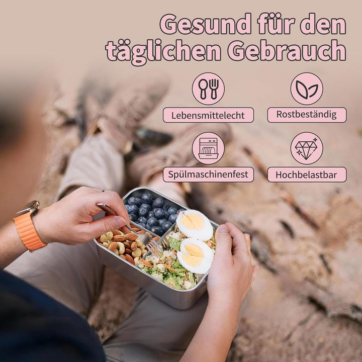 Onader Edelstahl Brotdose mit Fächern, 1400ml Bento Box Lunchbox mit Abnehmbar Trennwand, Metall Lun
