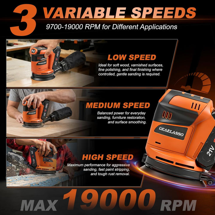 Akku-Exzenterschleifer 125 mm 2x 20V Akku, Bürstenloser Exzenterschleifer mit 3 Stufen 8000–13000 U/