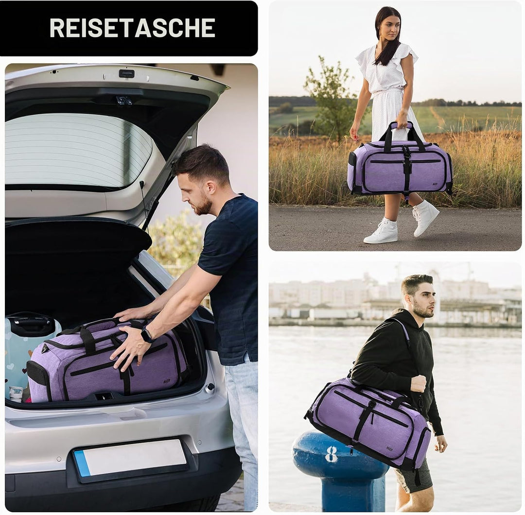 MIER Sporttasche 50L faltbar, Reisetasche mit Schuhfach, Weekender, Lila | Separates belüftetes Schu