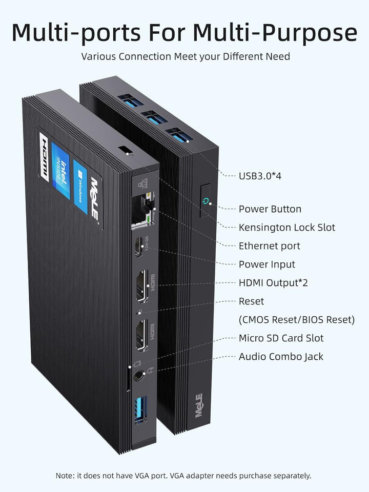 MeLE Mini PC Lüfterlos Quieter3Q N5105 8 GB/256 GB Desktop-Computer Micro PC M.2 SSD bis zu 4 TB Dua