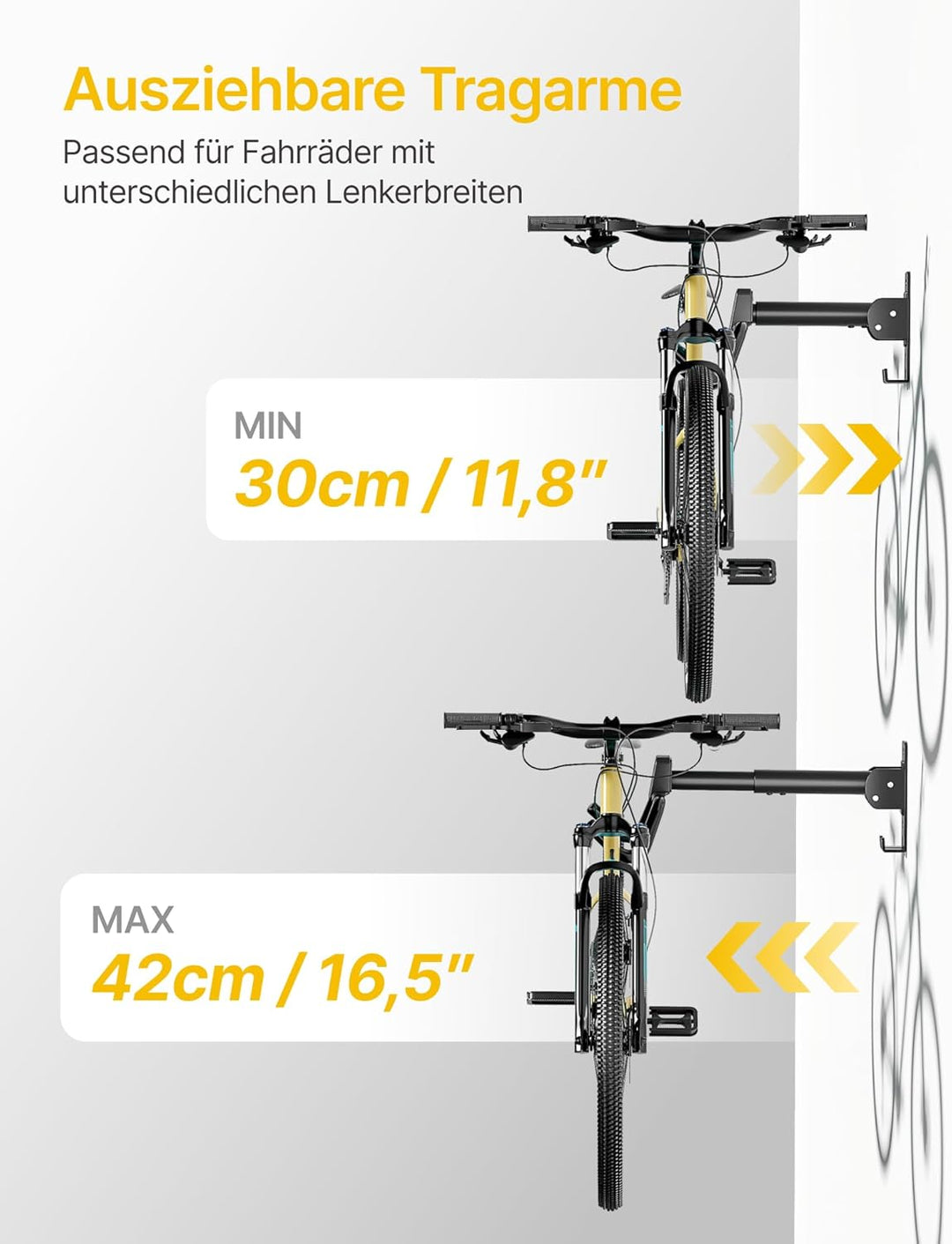monTEK Fahrrad Wandhalterung, Winkel und Wandabstand einstellbar, Fahrradhalterung Wand Klappbar 30k