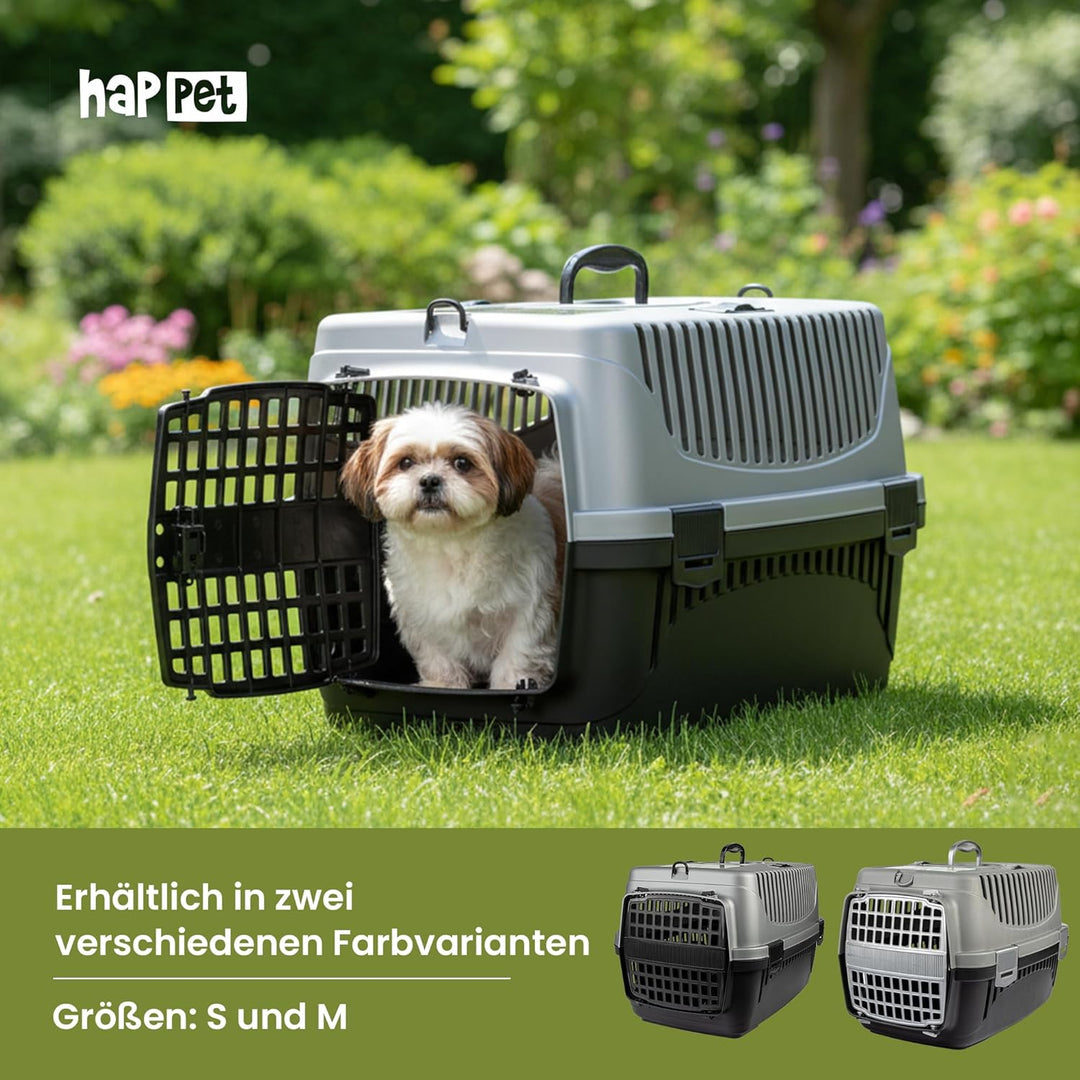 HAPPET Tiertransportbox Polly M Grau & Schwarz 55x36,5x33 cm – Robuste, gut belüftete Transportbox a