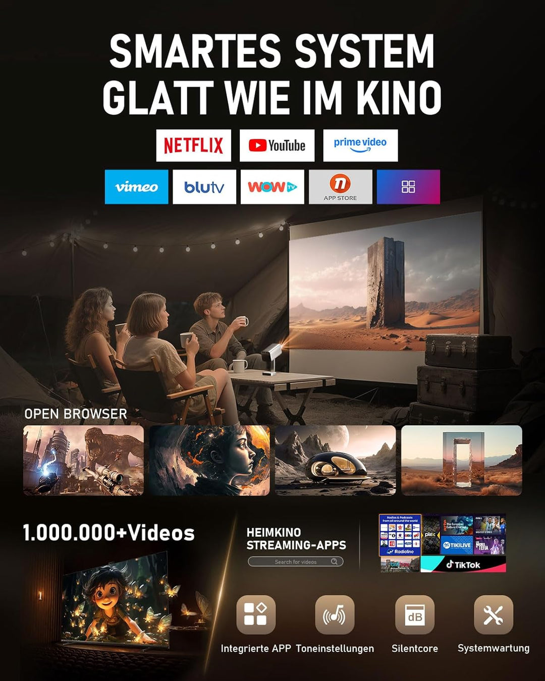 Smart Mini Beamer 4k [Kompatibel mit Netflix & Dolby Audio] VOPLLS TOF Autofokus/Trapezkorrektur 280
