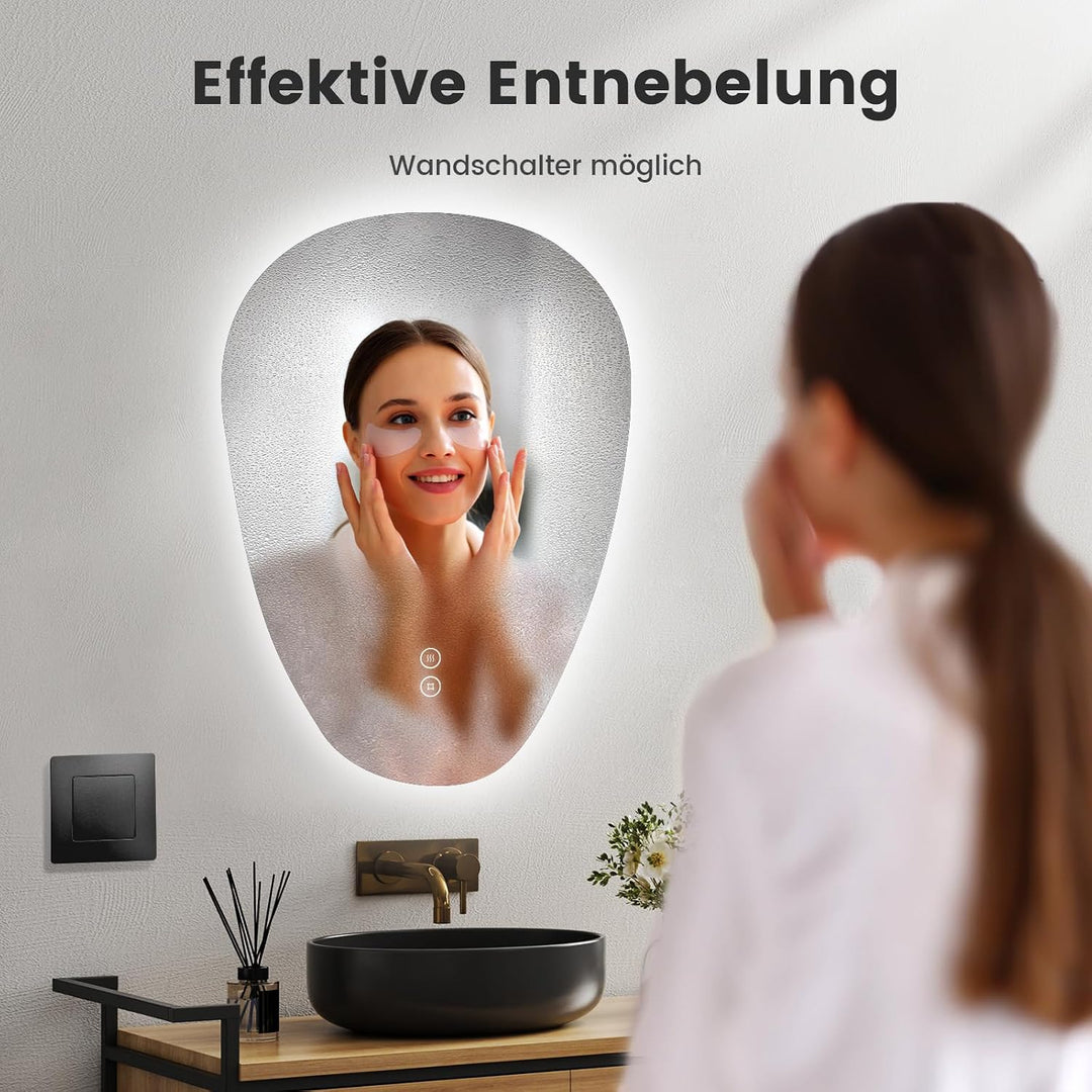EMKE Badezimmerspiegel mit Beleuchtung Asymmetrischer Spiegel 70 x 50 cm mit Touch-Schalter, 3 Licht
