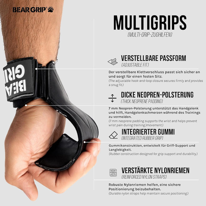 BEAR GRIP Multi-Grip-Riemen/Haken, hochwertige strapazierfähige Gewichthebergurte/Handschuhe. Grosse