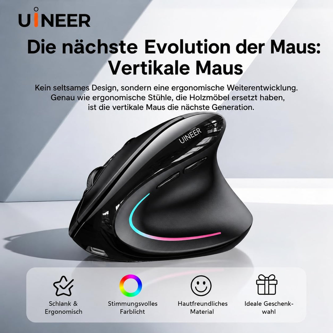 Uineer Ergonomische, kabellose vertikale Maus, dreifarbige Atemlichter, BT5.0/4.0/2.4G Bluetooth, wi