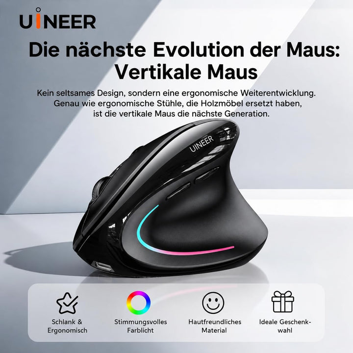 Uineer Ergonomische, kabellose vertikale Maus, dreifarbige Atemlichter, BT5.0/4.0/2.4G Bluetooth, wi