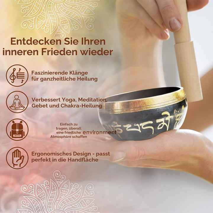 REGIS Tibetische Klangschalen-Set, Achtsamkeit und Stressabbau, Zen-Dekor, Schale handgefertigt in N