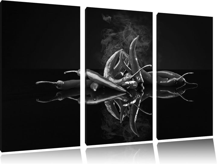 Pixxprint Feurige rote Chili-Choten Kunst B&W 3-Teiler Leinwandbild 120x80 Bild auf Leinwand, riesig