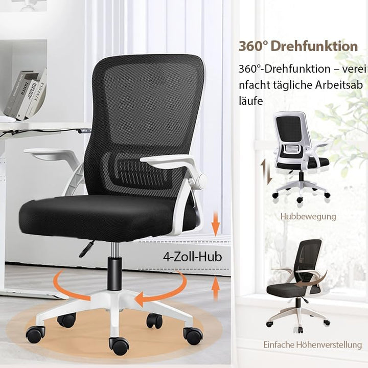 Bürostuhl,Ergonomischer Drehstuhl mit Atmungsaktiver Mesh-Rückenlehne,Hochklappbaren Armlehnen und L