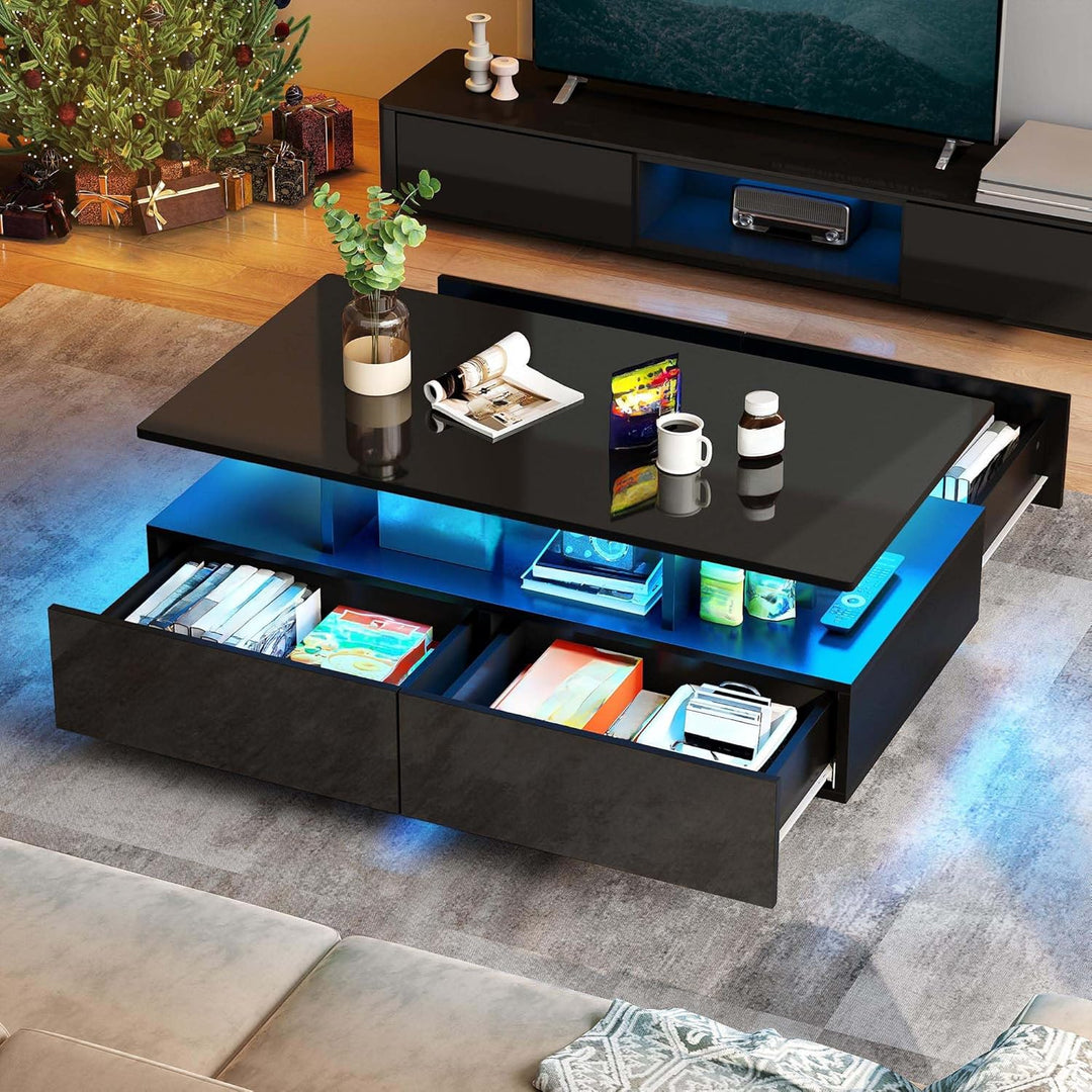 YITAHOME Couchtisch Schwarz, Wohnzimmertisch Hochglanz mit 16-Farbiger LED Beleuchtung Modern, Beist