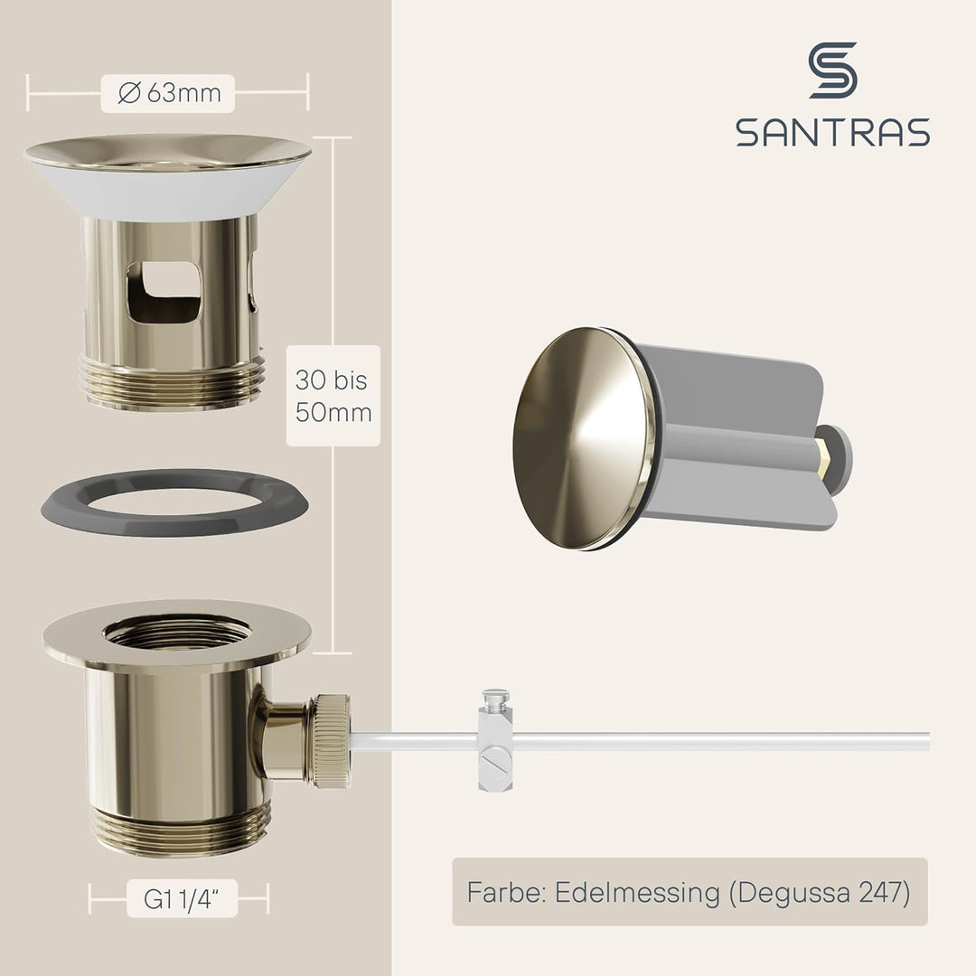 SANTRAS® Exzenter Ablaufgarnitur PREMIUM für Waschtisch mit Schutz vor Überlauf in Edelmessing – Kom