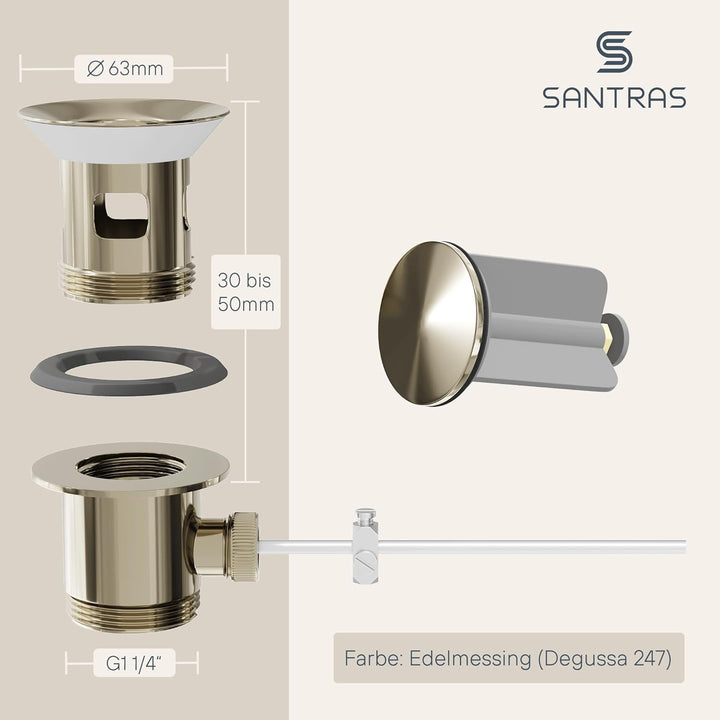 SANTRAS® Exzenter Ablaufgarnitur PREMIUM für Waschtisch mit Schutz vor Überlauf in Edelmessing – Kom
