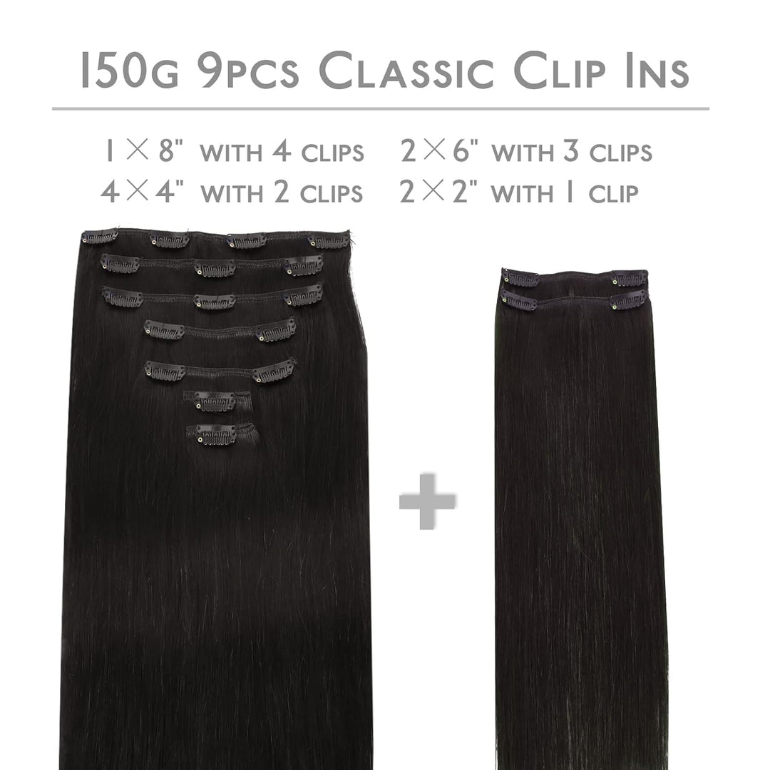 WENNALIFE Clip In Extensions Echthaar, 150g 60cm 9pcs Natürliches Schwarz Clip In Extensions Hair Ex