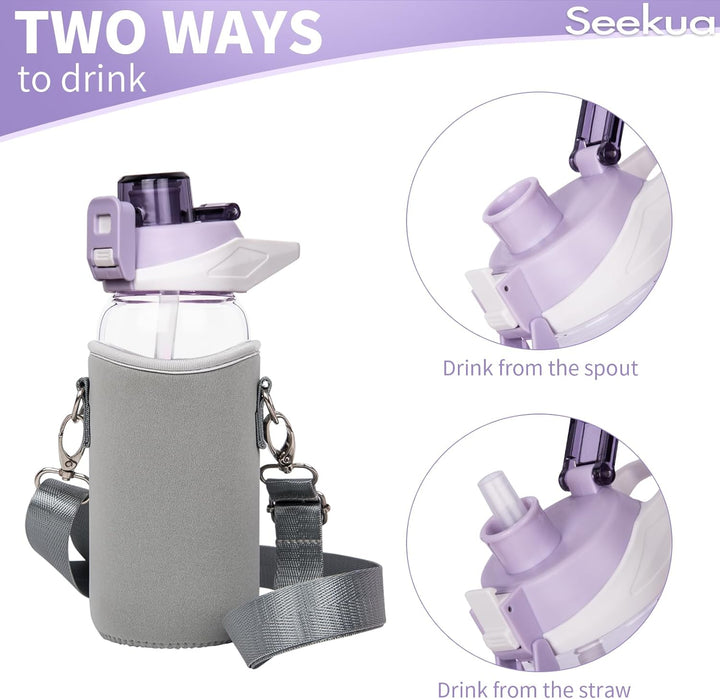 Seekua 0.6l Sport Trinkflasche Glas Flasche mit Strohhalm & Zeitmarkierung für Kinder, Schule 600ml