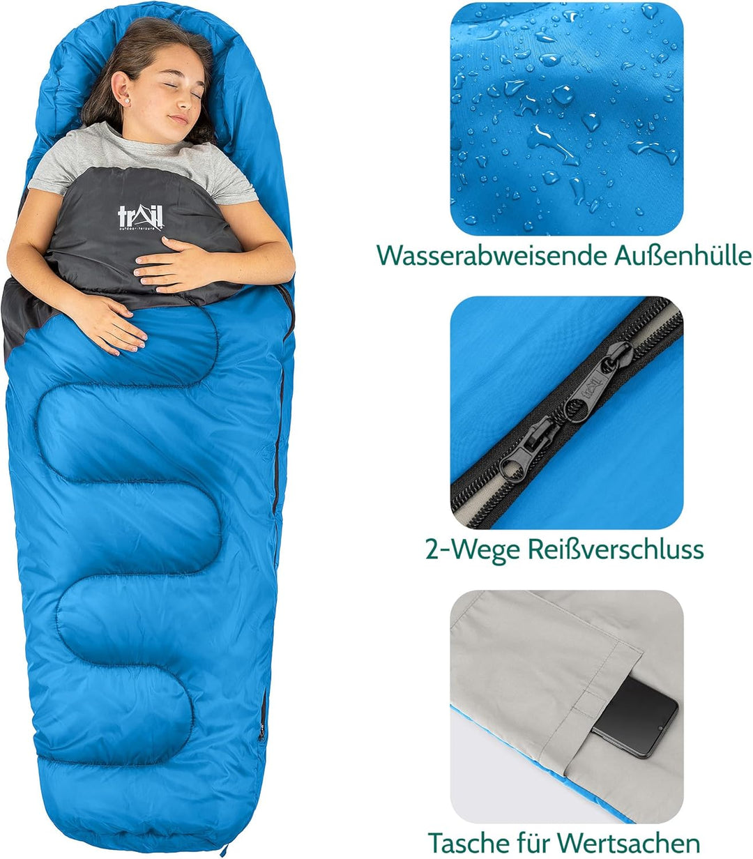 Trail Schlafsack Kinder Mumienschlafsack als Schlafsack 3 Jahreszeiten für Camping – 300gsm – für Ju