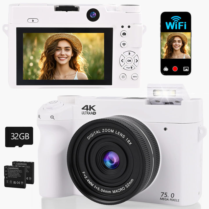 4K 75MP Digitalkamera mit WLAN, 3 Zoll LCD-Bildschirm Fotokamera mit 18X Zoom, Front und Rückobjekti