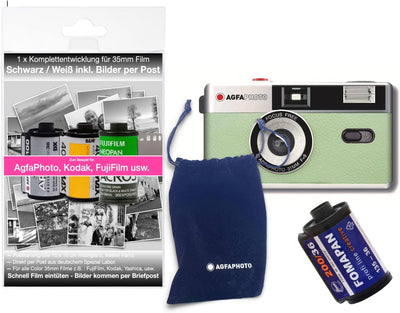 AgfaPhoto analoge 35mm Foto Kamera im Komplettset : Film + Batterie + Entwickungset für bis zu 36 Sc