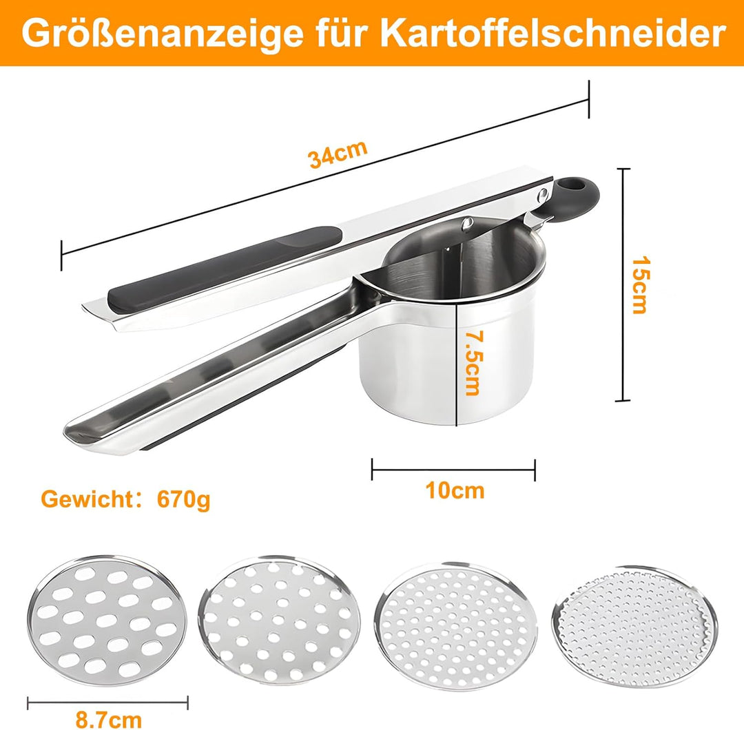 Kartoffelstampfer Edelstahl, Kartoffelpresse mit 4 Auswechselbaren Schneidplatten 3 Zubehörteile, zu
