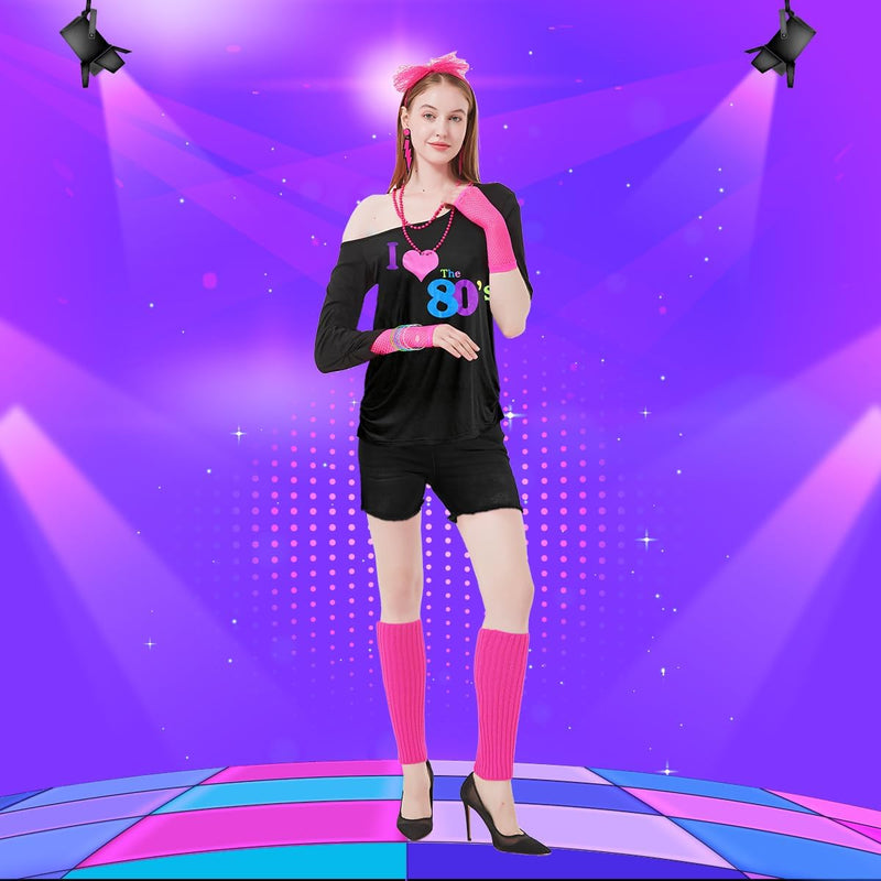 80er 90er Jahre Outfit Damen, I Love 80s T-Shirt, Beinwärmer, Stirnband, Ohrring, Halskette, Netzhan