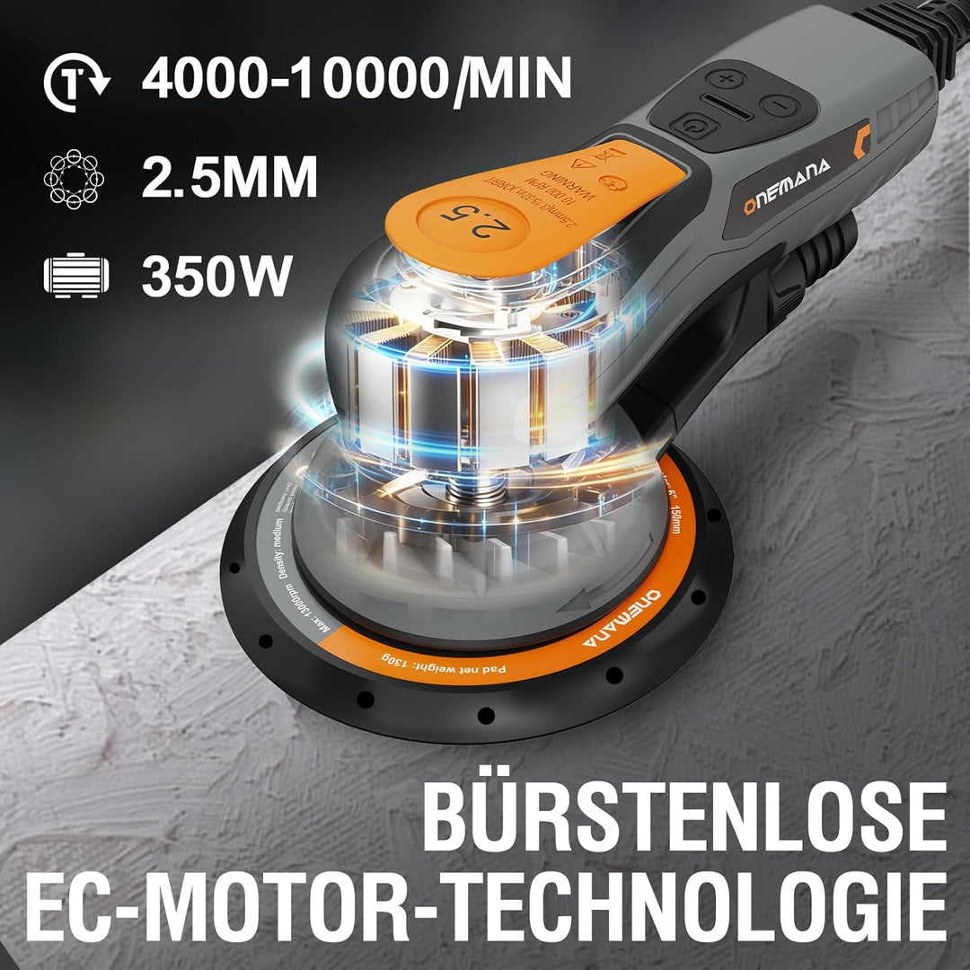 Exzenterschleifer 150 mm, Bürstenloser Exzenterschleifer mit 2,5 mm Exzenterhub, 350W Schleifmaschin