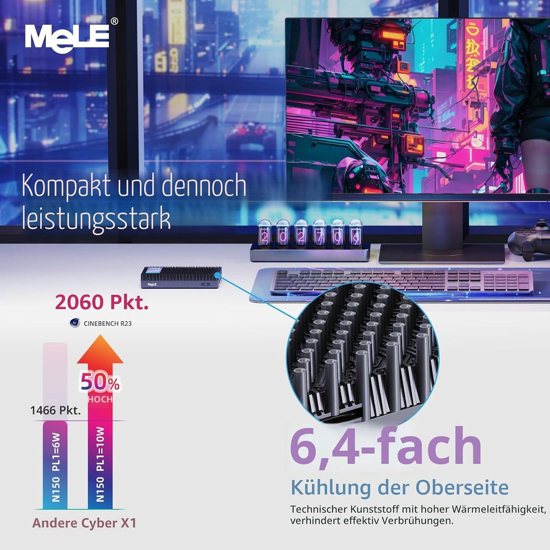 MeLE Mini-PC ohne Lüfter, Cyber X1 N150, 16 GB RAM, 512 GB SSD, USB-C voll funktionsfähig mit USB PD