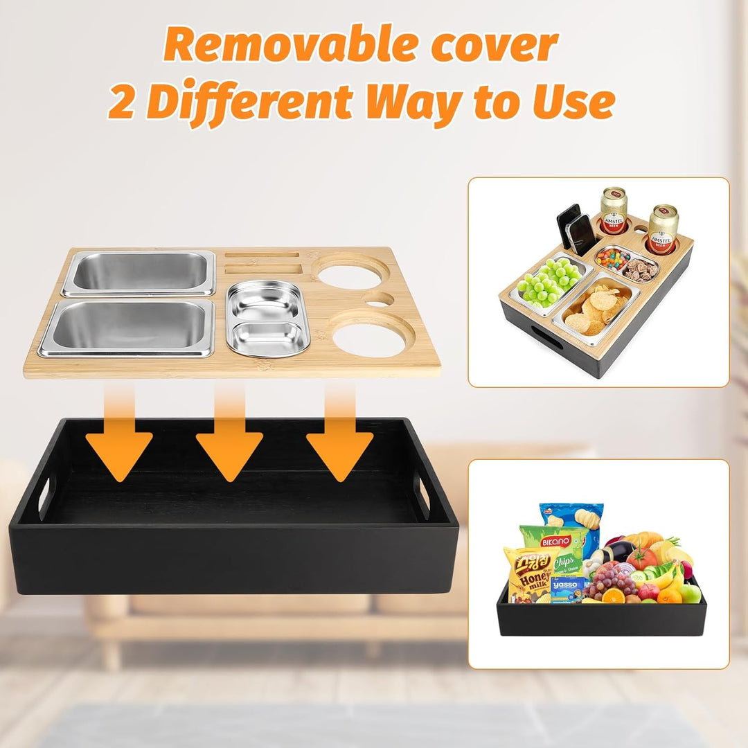 Auauraintt Sofa Tablett, Couchbar Snackbox, Mit Snackschalen Aus Edelstahl,mit Abnehmbarer Deckel, d