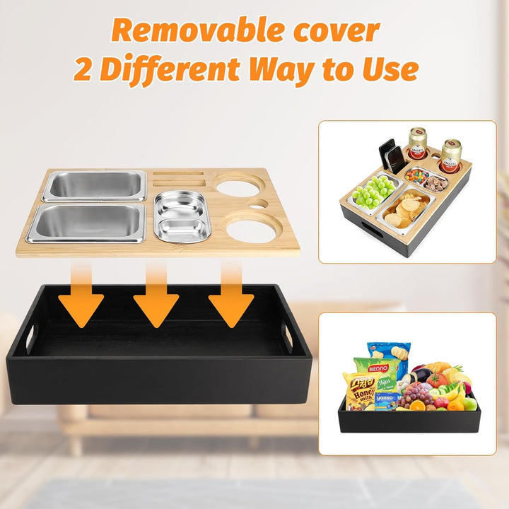 Auauraintt Sofa Tablett, Couchbar Snackbox, Mit Snackschalen Aus Edelstahl,mit Abnehmbarer Deckel, d
