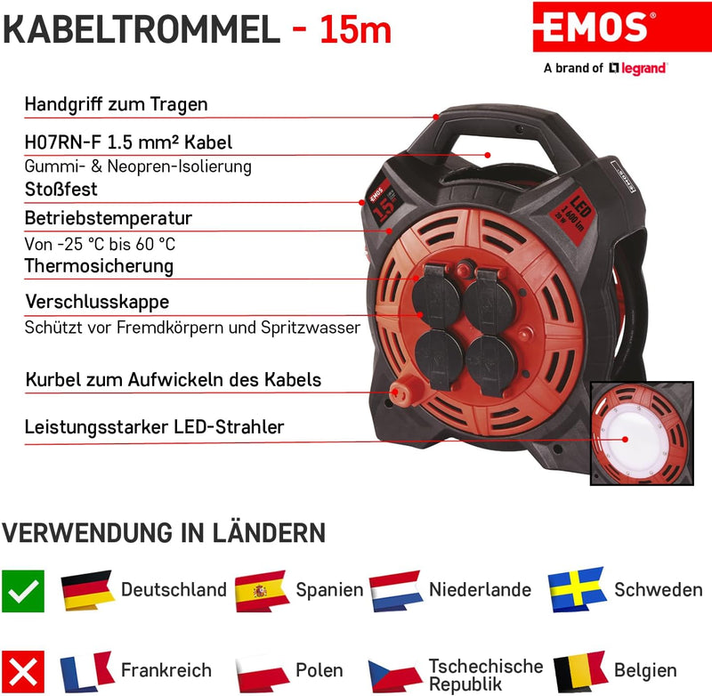 EMOS Kabeltrommel mit LED-Strahler, 15m Outdoor-Kabelbox Schuko und 20W Fluter, Neopren-Gummikabel H