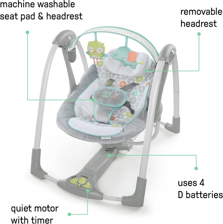 Ingenuity Hugs & Hoots zusammenklappbare & tragbare Babyschaukel, 5 Schaukelgeschwindigkeiten, 8 Mel
