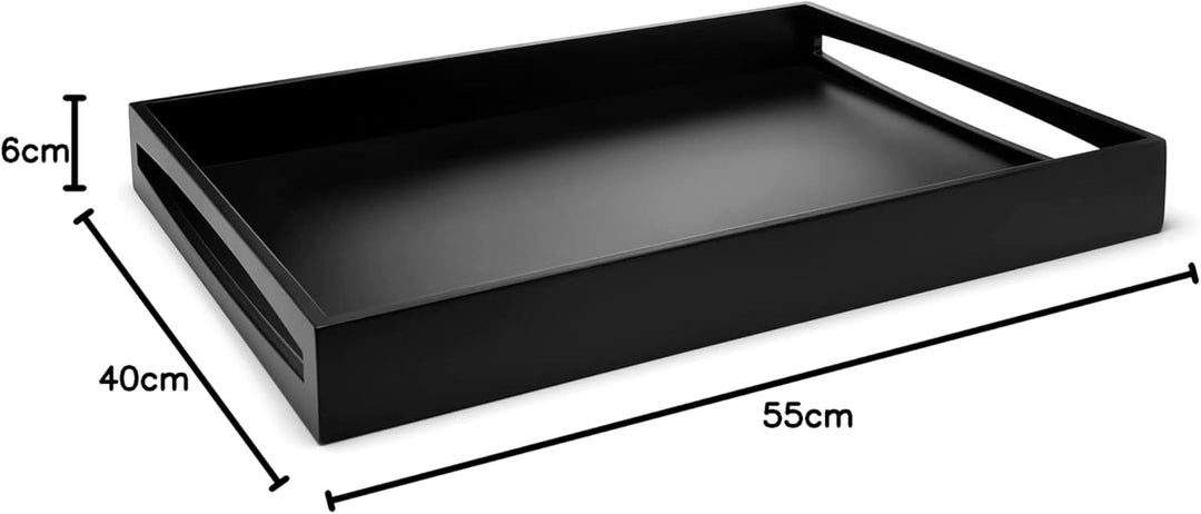 Schwarzes Holz-Servier-Tablett 55 x 40 cm - grosses eckiges Frühstückstablett mit hohem Rand und 2 G