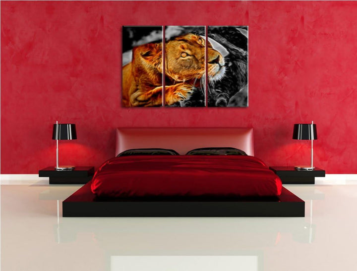 listige Löwin schwarz/weiss Deluxe 3-Teiler Leinwandbild 120x80 Bild auf Leinwand, XXL riesige Bilde