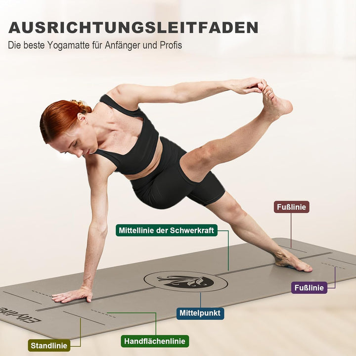 Yogamatte aus ECO Naturkautschuk & Hhautfreundlichem TPE, Extrem Rutschfest, Ausrichtungslinien, Ein