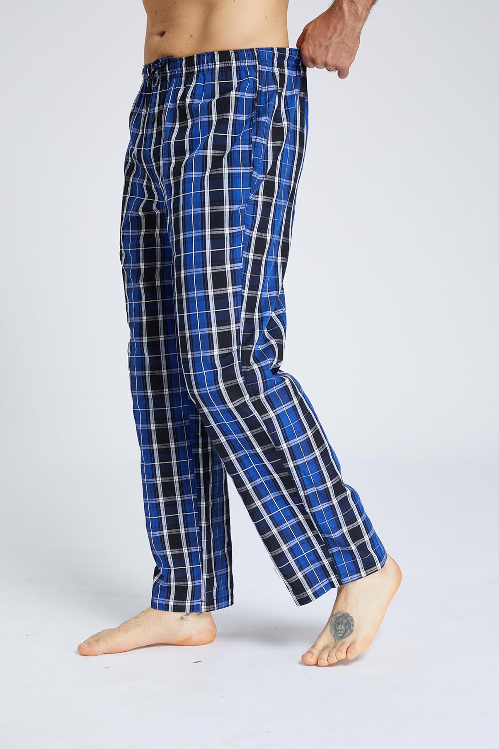 Herren 100% Baumwolle Pyjamahose, Gewebte kariert Schlafhose Loungewear Pyjama Hose mit Taschen, Bla