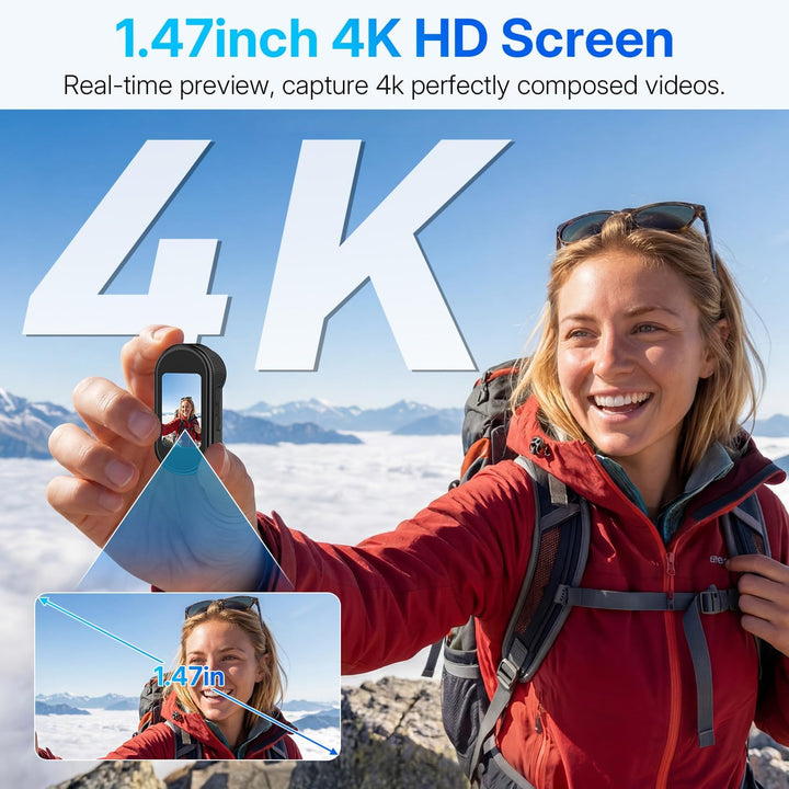 4K Action Cam Mini Bodycam, Magnetisch mit 6-Achsen EIS | 150° Weitwinkel, WiFi App, 150 Min. Aufnah