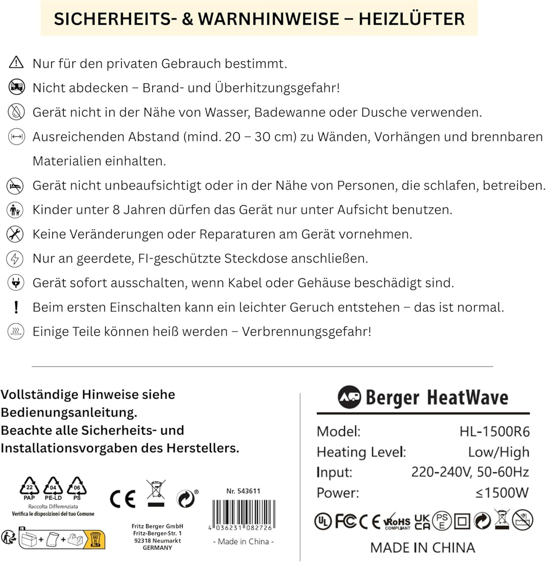 BERGER Keramik-Heizlüfter HeatWave inkl. Fernbedienung | Leise mobile Heizung für Camping, Werkstatt